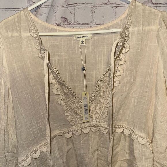 NWT Max Studio Women's White Boho Blouse Size L 3/4 Sleeve Scoop Neck Bin K - Picture 2 of 7